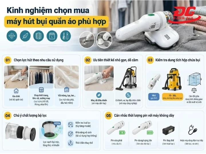Kinh nghiệm chọn mua máy hút bụi quần áo phù hợp với nhu cầu sử dụng, công suất và loại vải cần làm sạch.
