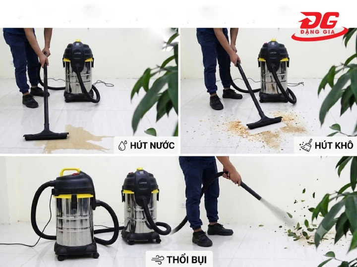 Tính năng hút khô, hút nước và thổi bụi linh hoạt tích hợp trên cùng một thiết bị.