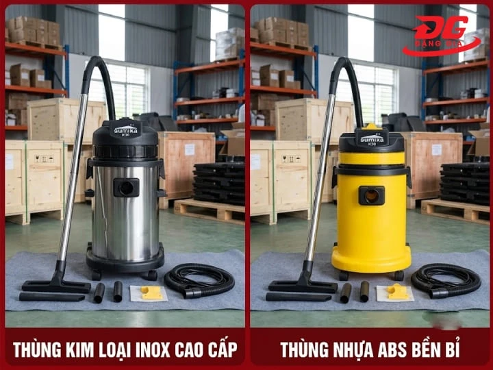 Chất liệu thùng chứa bằng Inox 304 hoặc nhựa ABS, đáp ứng đa dạng nhu cầu