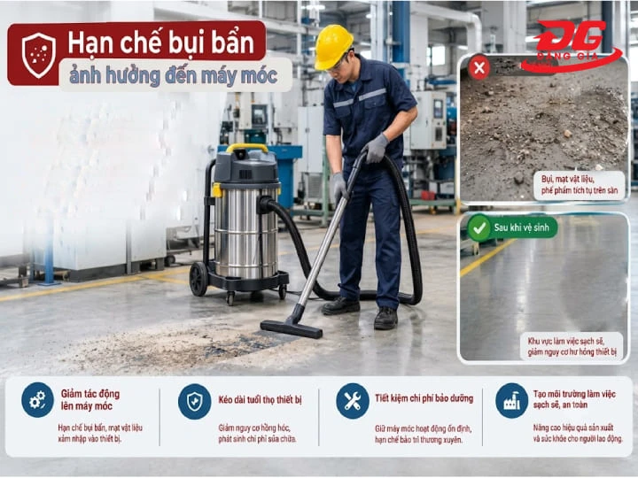 Máy hút bụi hỗ trợ thu gom mạt kim loại, phoi vụn, bảo vệ máy móc khỏi hỏng hóc do bụi bẩn