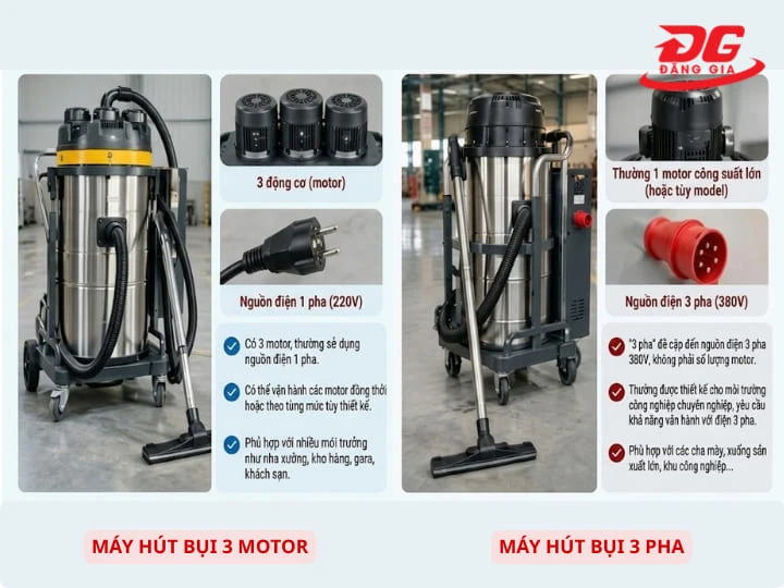 Người dùng cần phân biệt rõ giữa máy trang bị 3 motor và máy sử dụng điện 3 pha