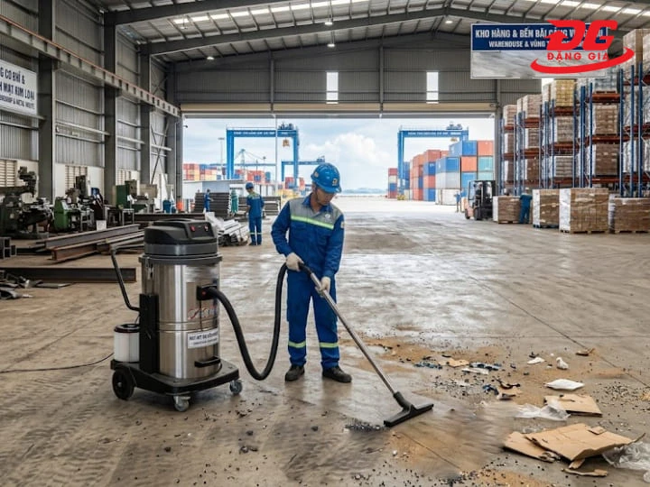 Sử dụng máy hút bụi công suất lớn giúp tối ưu thời gian và công sức dọn dẹp tại các nhà xưởng rộng lớn