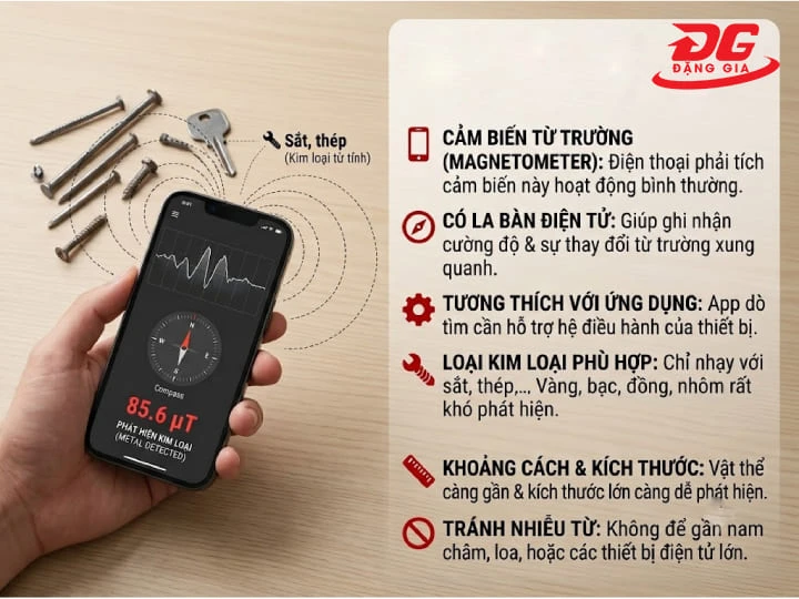 Điện thoại bắt buộc phải tích hợp cảm biến từ trường (magnetometer) mới có thể sử dụng các app dò kim loại