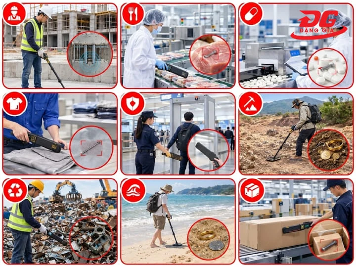 Máy dò kim loại được ứng dụng rộng rãi từ kiểm tra thực phẩm, may mặc đến an ninh sân bay và khảo cổ