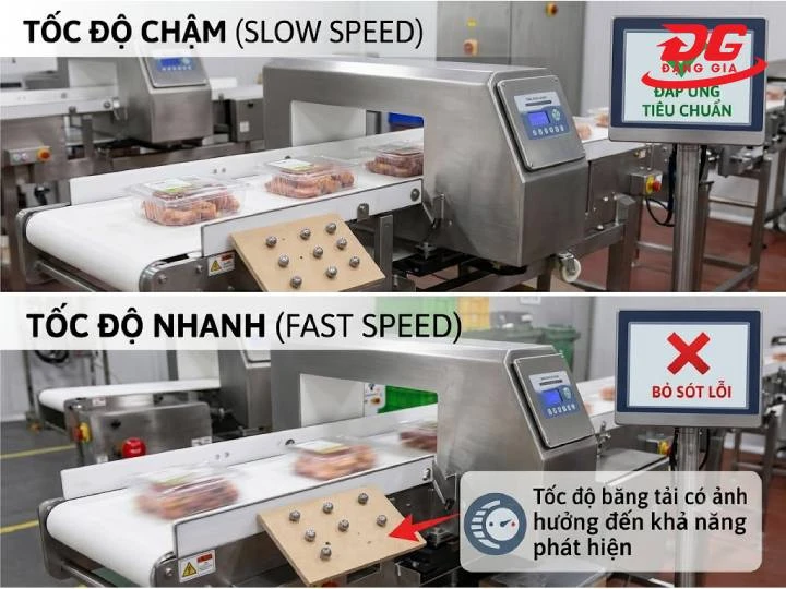 Tốc độ băng tải cần được đồng bộ với khả năng xử lý tín hiệu và cơ cấu loại bỏ dị vật tự động.