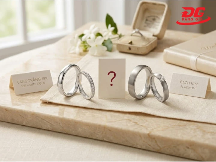 Cặp nhẫn cưới bằng vàng trắng và bạch kim đều mang vẻ đẹp sang trọng, minh chứng cho tình yêu bền chặt