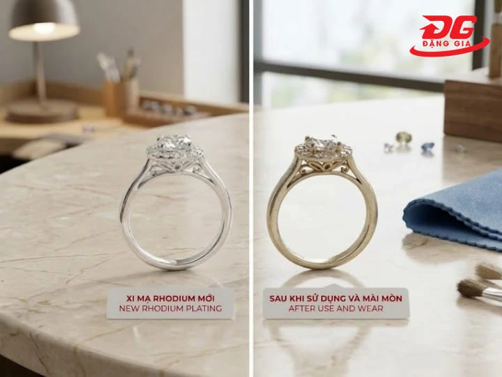 Trang sức vàng trắng có thể ngả vàng nhẹ theo thời gian khi lớp xi mạ Rhodium bên ngoài bị hao mòn