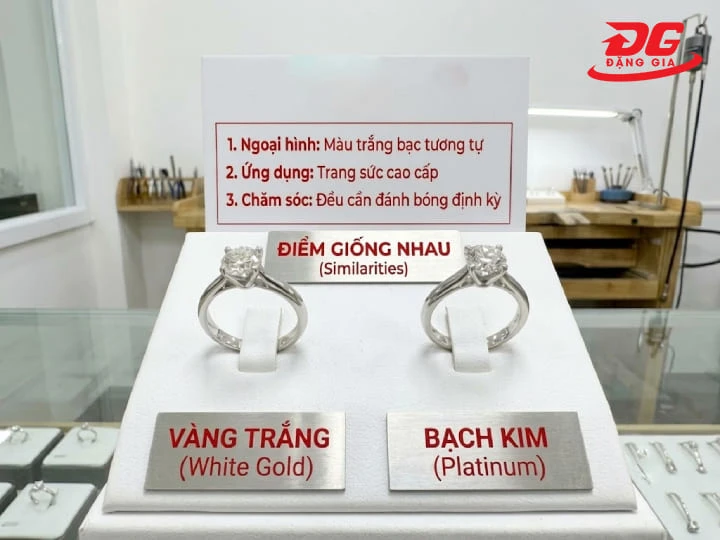  Vàng trắng và bạch kim có diện mạo sang trọng khá tương đồng khi nhìn bằng mắt thường