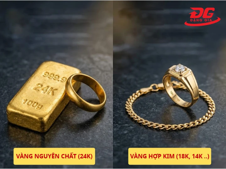 Vàng nguyên chất có hàm lượng vàng cao, trong khi vàng hợp kim được pha thêm các kim loại khác để tăng độ cứng và thay đổi màu sắc