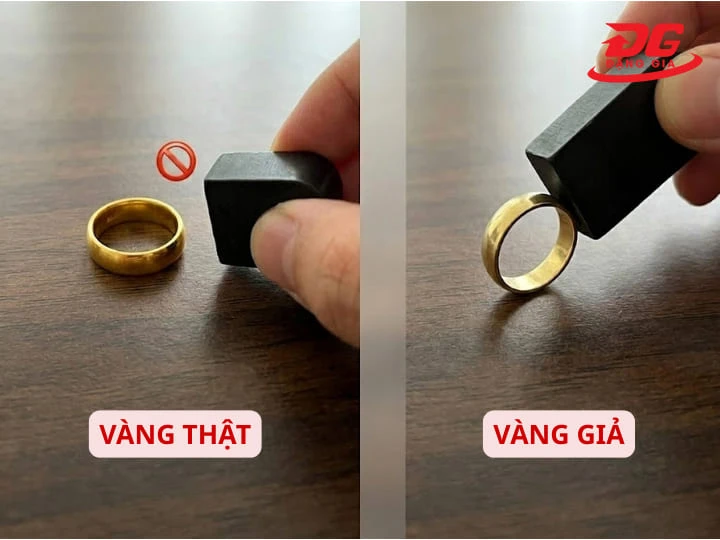 Vàng nguyên chất hoàn toàn không có từ tính nên sẽ không phản ứng với lực hút của nam châm
