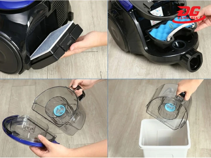 Đổ bụi và làm sạch hộp chứa định kỳ để duy trì lực hút ổn định
