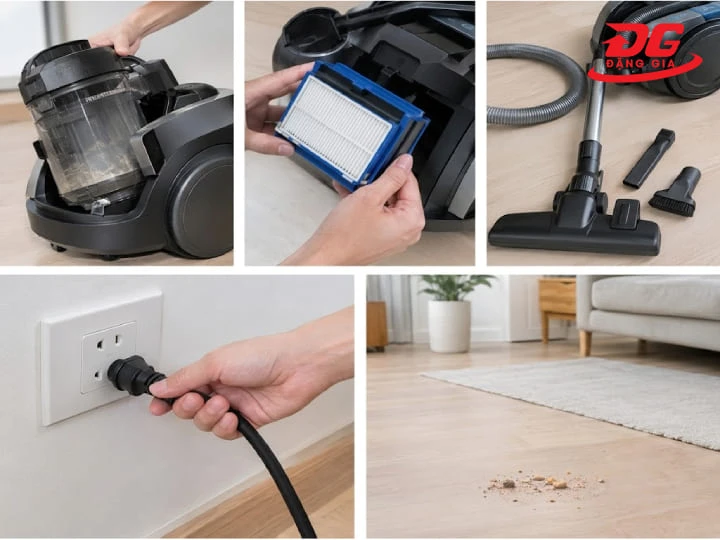 Kiểm tra hộp bụi, bộ lọc, ống hút và nguồn điện trước khi bật máy hút bụi Electrolux