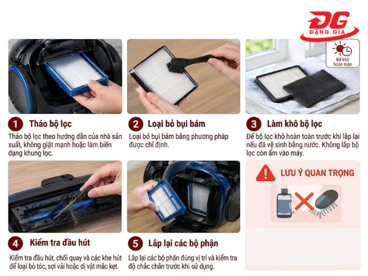 Làm sạch bộ lọc và đầu hút thường xuyên để hạn chế bụi bẩn tích tụ