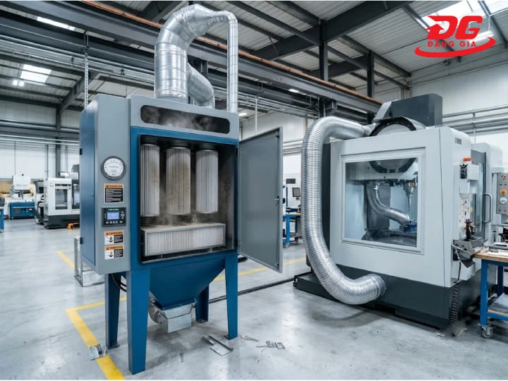 Hệ thống lọc và thùng chứa chuyên dụng giúp giữ lại bụi, mùn cưa và phế phẩm phát sinh khi gia công CNC
