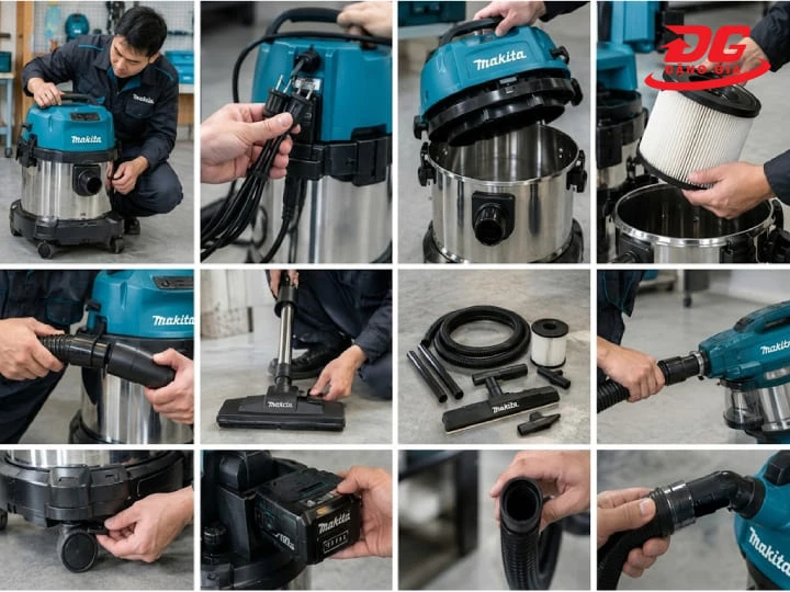 Kiểm tra thân máy, dây điện hoặc pin, ống hút và bộ lọc trước khi vận hành