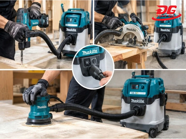 Máy hút bụi Makita kết nối được với máy khoan, máy cắt
