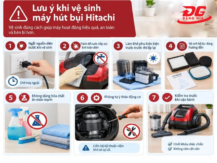 Tuân thủ các lưu ý an toàn khi vệ sinh máy hút bụi Hitachi