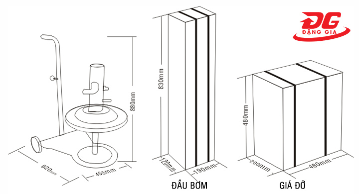Kích thước máy bơm mỡ khí nén Palada PD-7