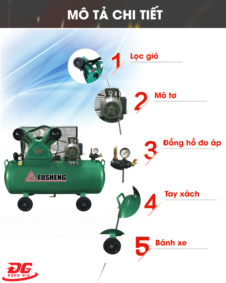Máy nén khí Fusheng VA-65 có thiết kế chắc chắn, đơn giản
