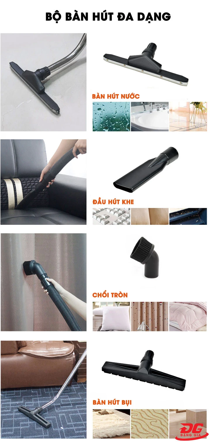 Máy được trang bị bộ phụ kiện đi kèm đầy đủ, giúp quá trình làm sạch triệt để hơn 