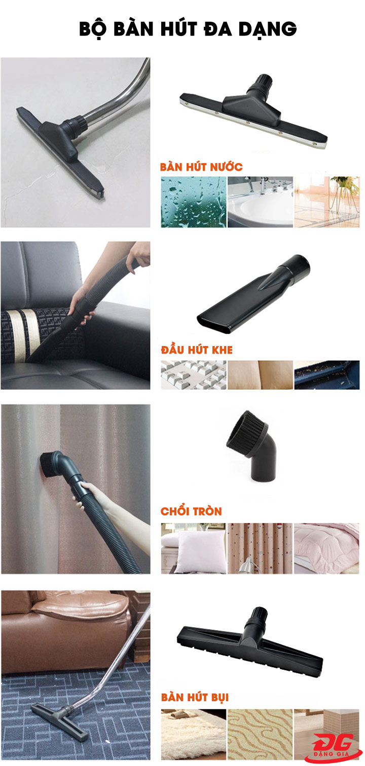 Máy được trang bị bộ phụ kiện đi kèm đầy đủ, giúp quá trình làm sạch triệt để hơn 