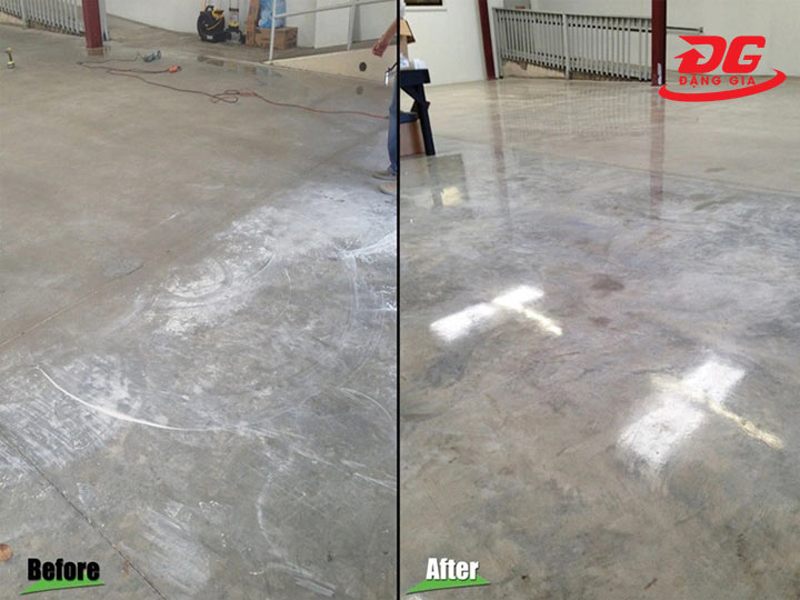 Bề mặt sàn trước và sau khi được xử lý bằng máy mài nền bê tông