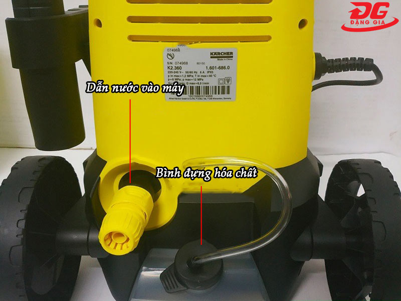 Vị trí dẫn nước vào & bình đựng hóa chất