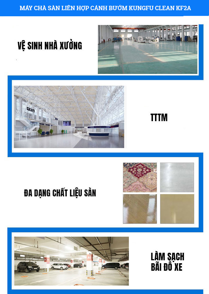 ứng dụng máy chà sàn liên hợp cánh bướm Kungfu Clean KF2A