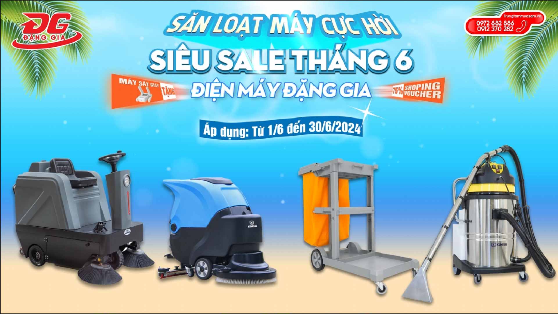Video Tháng 6 đến, Điện máy Đặng Gia tung deal khuyến mại xe quét rác, máy chà sàn, xe đẩy vệ sinh...
