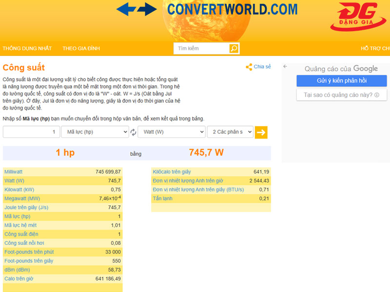 Web quy đổi nhanh giữa HP và W